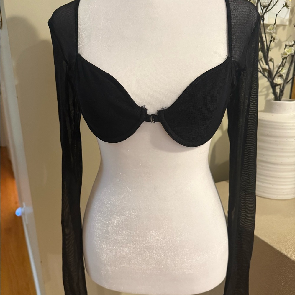 Elegant Black Sheer Mesh Long Sleeve Bra Top